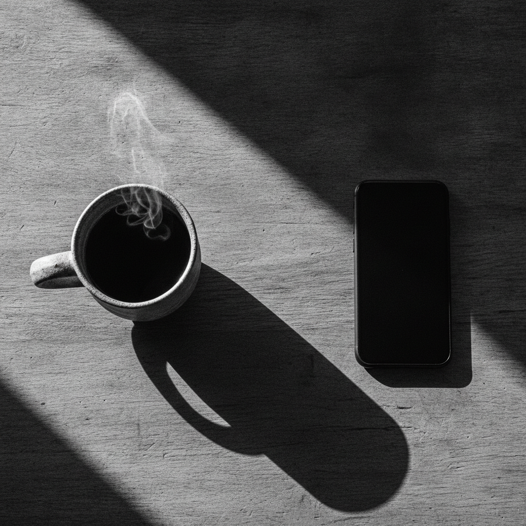 Uma xícara de café e um celular virado para baixo sobre a mesa, luz dura, muito espaço vazio