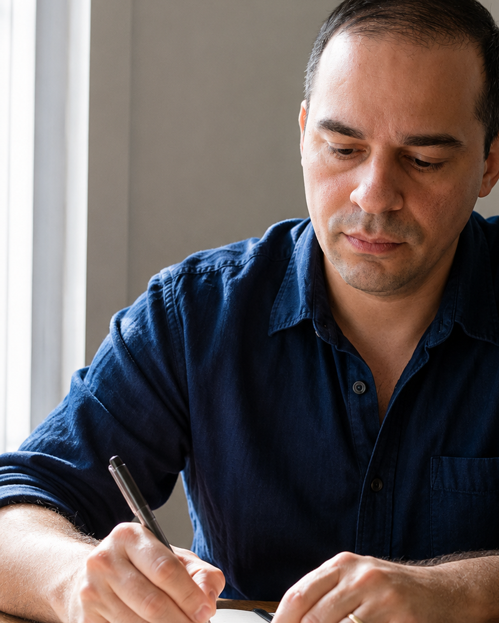 Guilherme Rodrigues escrevendo a mao num caderno, de camisa indigo, com a luz da manha vindo da janela