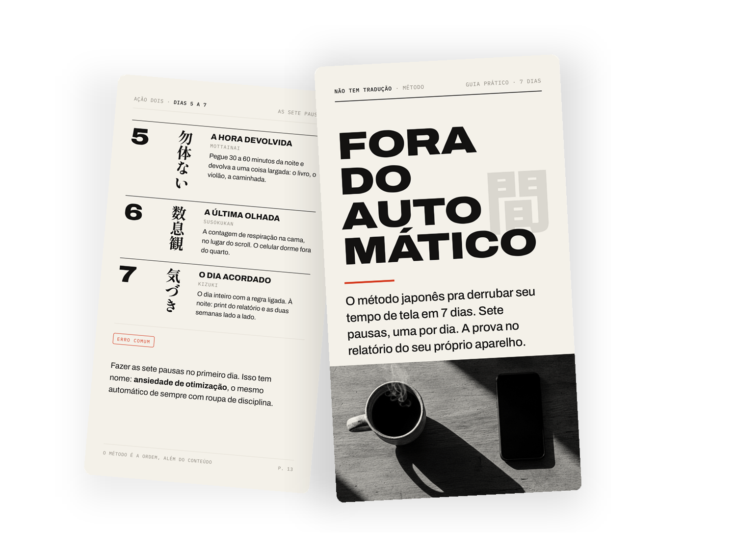 O guia Fora do Automático aberto, a capa e as fichas dos dias