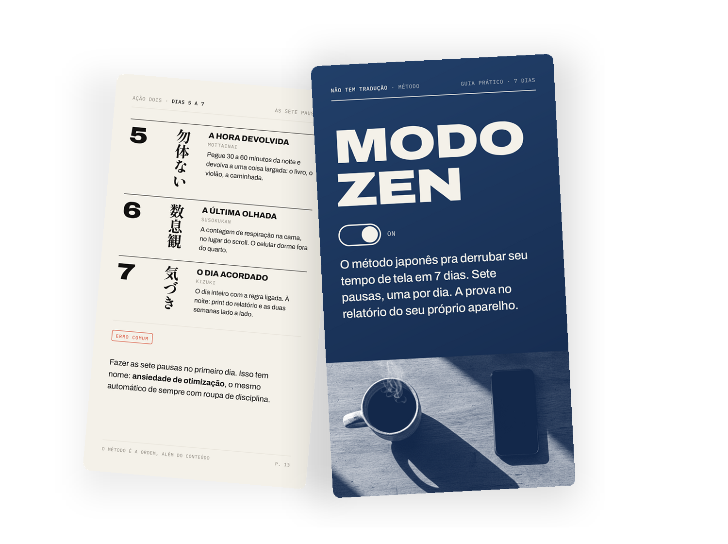 O guia Modo Zen aberto, a capa e as fichas dos dias